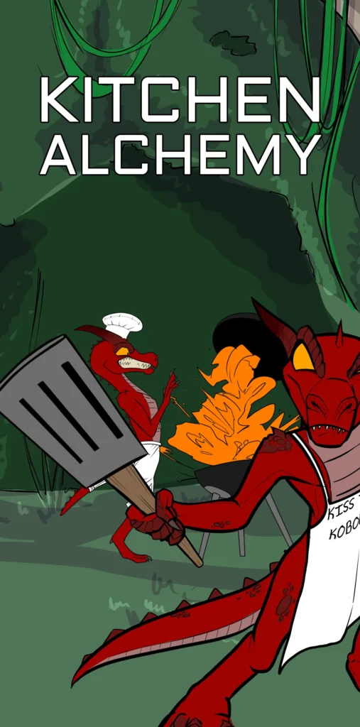 Kitchen Alchemy banner. Two red Kobolds barbecue, one in the forefront has a white "Kiss the Kobold" Apron on and holds a metal spatula pointing at the viewer, while the  Kobold in the background has a white chefs hat and trousers. He looks frightened as the barbecue explodes.