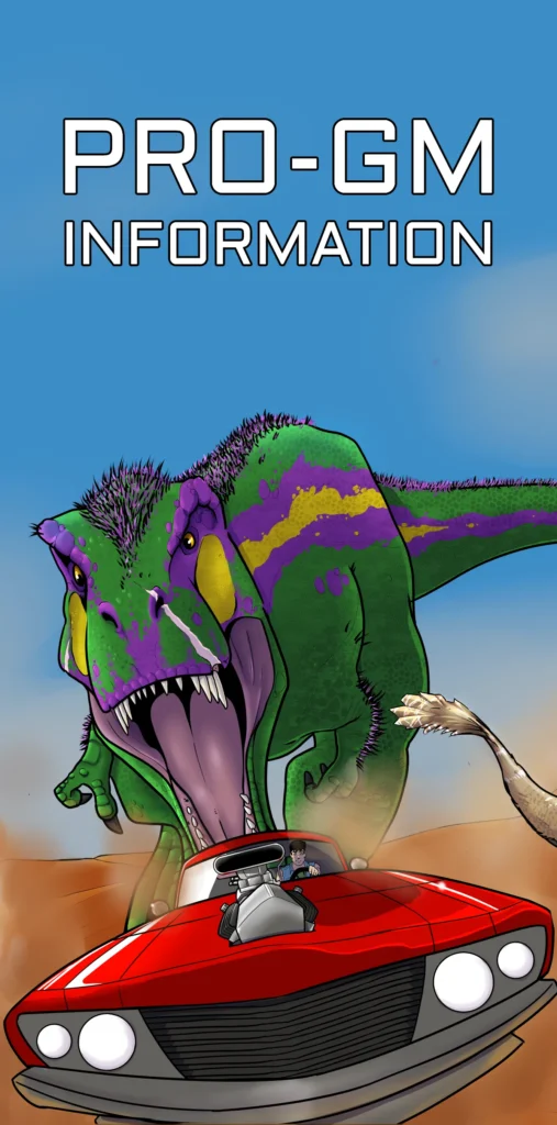 Pro-Gm Information Banner. A blue sky over a sandy dunes, a large green, purple and yellow T-rex chases a bright red care directly at the viewer.