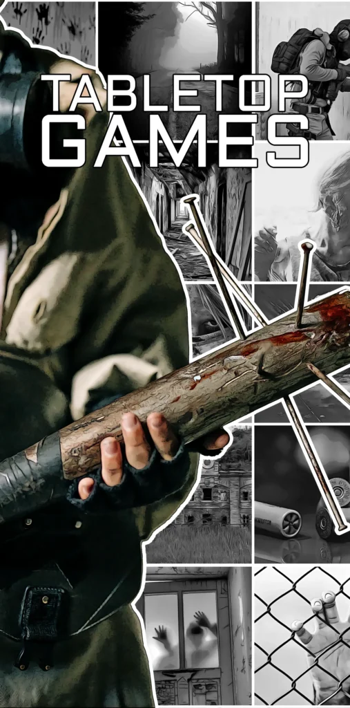 tabletop games banner. This is a clip of the cover of my ttrpg "Immune" and it shows the left side of a man in an oldive drab military coat holding a blood baseball bat with nails in it. In the background is a series of small black and white images of the zombie apocalypse forming a collage.